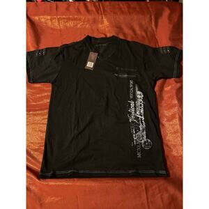 Vertical Sport T-Shirt Mens L Black V-Neck Graphic Zipper Pocket Stud Detail